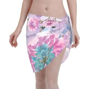 Roze bloem en blauwe libelle print elegante strand wrap, bikini cover-up, badmode jurk, voor vrouwen, perfect voor zwembad en resort, Zwart, one size