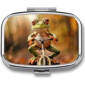 Vierkante Pillendoos Draagbare Metalen Pil Case 2 Compartiment Kleine Reizen Pil Organizer Leuke Kikker Rijden Fiets Vitaminen Houder Organizer voor Portemonnee Pocket