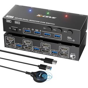 KVM Switch 3 Computer 2 Monitoren, Displayport HDMI USB 3.0 KVM-schakelaar voor twee monitoren, ondersteunt 8K @30, 4K144, 4K60 Hz voor 3 computers die 2 monitoren, toetsenbord en muis delen