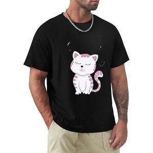 Heren T-shirt roze wit kat korte mouwen T-shirt ronde hals T-shirt voor mannen, Roze Wit Cat1, 3XL