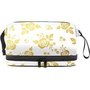 Gouden Bloem Make-uptas Dubbele Laag Ruime Cosmetische Zakken voor Vrouwen en Meisjes Reizen Draagbare Toiletry Pouch met Rits, Meerkleurig, 27x15x14 cm/10.6x5.9x5.5 in, Make-up zakje