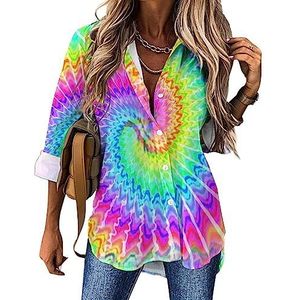 Tie Dye Regenboog Kleurrijke Dames Button Down Shirts Lange Mouw Jurk Shirt V-hals Blouses Tops