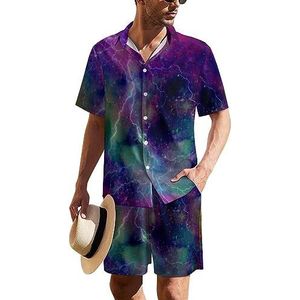 Thunder Galaxy Print Hawaiiaanse pak voor heren, set van 2 stuks, strandoutfit, shirt en korte broek, bijpassende set