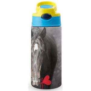 Black Horse with Heart 350 ml waterfles met rietje koffiebeker waterbeker roestvrij staal reismok voor vrouwen mannen blauwe stijl