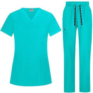 B-well Bella Scrubset voor dames, jas en broek, set, geneeskunde, arts, uniform, beroepskleding, dikke stof, teal, XS