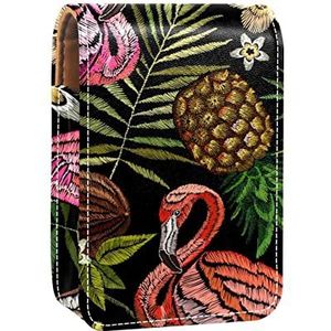 Flamingo Tropische Zwarte Draagbare Lipstick Case voor Reizen,Mini Lipstick Opbergdoos met Spiegel voor Vrouwen Dames, Lederen Cosmetische Pouch, Meerkleurig, 9.5x2x7 cm/3.7x0.8x2.7 in