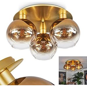 Plafondlamp Pascal, plafondlamp van metaal/glas in messingkleur/amber, moderne lamp met kappen van echt glas/gerookt glas (Ø 20 cm), 3 lampen, 3 x E27,zonder gloeilamp