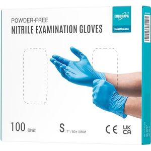 EUROPAPA® 100 x nitrilhandschoenen, blauw, S, wegwerphandschoenen, onderzoekshandschoenen, nitril handschoenen, poedervrij, zonder latex, niet-steriel, latexvrij, wegwerphandschoenen (S,Blauw)