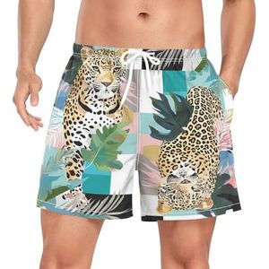 Cartoon Palm Leopard Animal Heren Zwembroek Shorts Sneldrogend met Zakken, Leuke mode, M