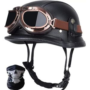 Vintage Duitse Motorfiets Halve Helmen Halve Schaal Helm met DOT/ECE, Jet Helm Retro, Chopper Helm, Retro Motorhelm, Scooter Helm, Open Helm, met Zonnebril, Snelsluiting D,S=55-56cm