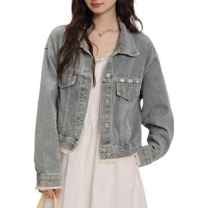 LoprNsdgt Trendy Patchwork Spijkerjasje Met Kant Voor Vrouwen, Button-Up, Lange Mouwen, Cropped Top,Blauw,L