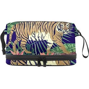 Dubbellaags Cosmetische Tas Tijger Koe Draagbare Make-up Tas Reizen Organizer Pouch Voor Vrouwen Meisjes Toiletries Tassen, Meerkleurig, 27x15x14 cm/10.6x5.9x5.5 in, Make-up zakje