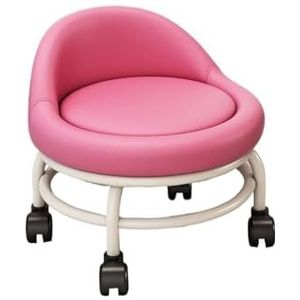 FXLUHAY Pedicure stoel multifunctionele lage ronde rolkruk met wielen make-up katrol kruk met rugleuning voor garage kapper bibliotheek salon kantoor (roze)
