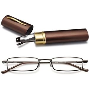 VEVESMUNDO® leesbril metaal klassiek scharnier smal stijl bril leeshulp ooglook bril volledige randbril met etui (+1.5, 1 Stuk Bruin)