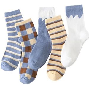 5 paar dames sokken blauw ademend trend medium buis sokken kleine en frisse stijl vrouwen katoenen sokken sokken set, Meerkleurig, Eén Maat