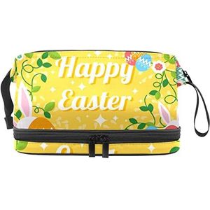 Grote capaciteit reizen cosmetische tas,Decoratief paasei met konijn bloemen achtergrond, make-up tas, waterdichte make-up tas organisator, Meerkleurig, 27x15x14 cm/10.6x5.9x5.5 in