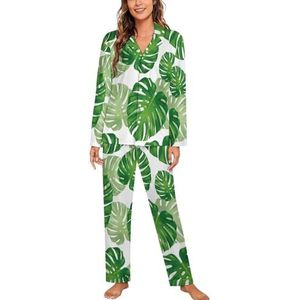 Tropical Leaves Monstera pyjama voor dames, tweedelige pyjamasets met knopen, nachtkleding met lange mouwen, top en broek, loungewear