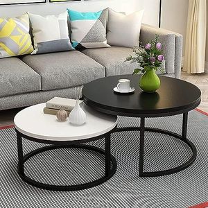 Moderne woonkamer salontafel ronde nesten salontafel, hout minimalistische nesttafel set van 2, moderne accent bijzettafel voor kleine ruimtes, metalen frame eenvoudige montage (kleur: zwart+wit,