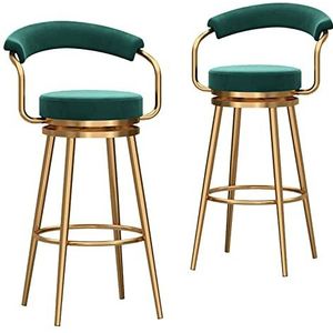 FZDZ Draaibare barkrukken set van 2 met rug metalen hoge kruk hoge stoel voor binnen buiten pub keuken, hoogte 75 cm, fluwelen zitting, metalen frame (kleur: groen, maat: gouden poten)