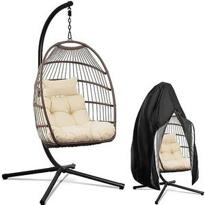 Swoods Egg Hangstoel – Hangstoel met standaard – Voor Binnen en Buiten – Incl. Kussens & Beschermhoes – Egg Chair – Cocoon – Ei Stoel – tot 150kg (Beige)