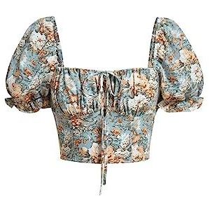 dames topjes Geknoopte blouse met bloemenprint, ruches aan de buste en pofmouwen (Color : Multicolore, Size : Small)
