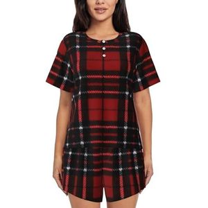 YQxwJL Rood En Zwart Plaid Print Vrouwen Pyjama Sets Shorts Korte Mouw Lounge Sets Nachtkleding Casual Pjs Met Zakken, Zwart, S