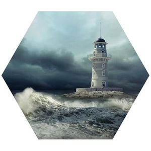 DEQORI Hexagon Wandbehang, zelfklevend, 55 x 47,6 cm, vuurtoren in storm, textielcanvas, verwijderbaar, decoratief en vormvast, voor woonkamer, kantoor, hal of kinderkamer