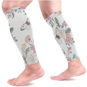 EZIOLY Bloemen en Vlinders Sport Kalf Compressie Mouwen Been Compressie Sokken Kalf Guard voor hardlopen, Fietsen, Moederschap, Reizen, Verpleegkundigen