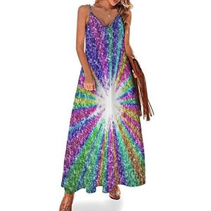 Glitter Rainbow Maxi-jurk voor dames, zomer, V-hals, mouwloos, spaghettibandjes, lange jurk