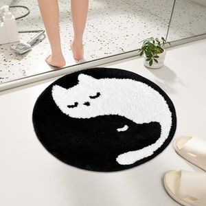 Feblilac Hond kat badkamer tapijt, Yin Yang rond badtapijt, schattige mooie dieren badmat, zwart wit wasbare microvezel antislipmatten voor binnen woonkamer sneldrogende tapijten