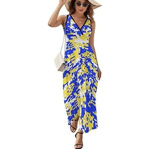 Blauw Geel Digitale Camo Casual Maxi Jurk Voor Vrouwen V-hals Zomer Jurk Mouwloze Strandjurk M