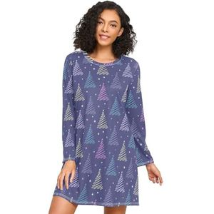 LI ZHI XIN Nachthemd voor dames, lange mouwen, nachthemd, nachthemden, slaapkleding, ronde hals, losse grote maten, nachtkleding Xxxl XXL, kleurrijk kerstboompatroon, Meerkleurig, S