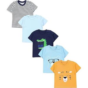 TupTam Baby Uniseks T-shirt Set van 5, Leeuw Krokodil Beer Strepen Blauw Lichtblauw Geel, 74
