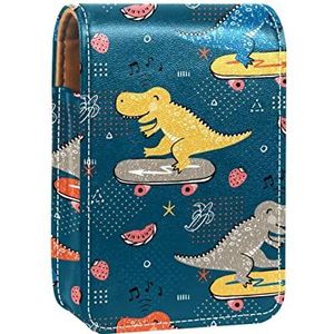 Make-up Lipstick Case voor Buiten Dinosaurus Blauw Skateboard Draagbare Lippenstift Organizer met Spiegel Dames Mini Make-up Tas Neemt Tot 3 Lippenstift