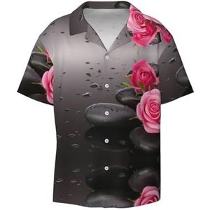 EdWal Spa Steen en Rose Bloemen Print Heren Korte Mouw Button Down Shirts Casual Losse Fit Zomer Strand Shirts Heren Jurk Shirts, Zwart, M