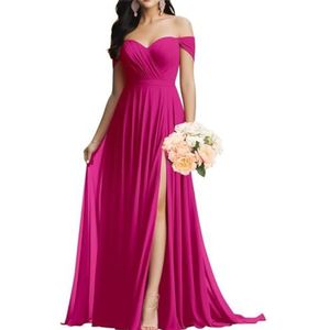 Sweetheart bruidsmeisjesjurk voor vrouwen ruches chiffon off-shoulder mouwloze hoge taille bruiloft feestjurk, roze (hot pink), 56