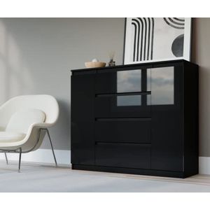 3 x Eliving Demi 2D4S commode 140cm in zwart & zwart in hoogglans - modern dressoir met veel opbergruimte voor je woonkamer - 120 x 101 x 39 cm (b x h x d)