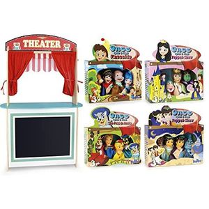 Leomark Poppentheater en supermarkt van hout ~ 16 marionetten handpoppen ~ 4 sprookjes, kleurrijke poppen om te spelen in het theater, kasperletheater met accessoires voor kinderen, 5-in-1
