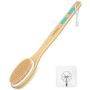 Metene Rugschrobber voor douche, doucheborstel voor scrubbers huid en een zachte scrub dubbelzijdige body borstelkop voor nat of droog borstelen, lange houten handgreep reinigt het lichaam Gewoon