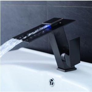 CZDIQXVF Badkamer wastafel kraan, led kraan antieke led waterval kraan badkamer wastafel kraan wastafel mixer met twee stuks sanitair slangen waterkraan (kleur: nero)