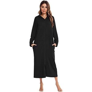 Dames Ochtendjas Kimono,Dames Lichtgewicht Katoenen Gewaden Hoodie Lange Mouw Rits Kimono Met Zakken Nachtkleding Zachte Lange Badjas Dames Kamerjassen,Zwart,Xl