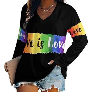 LGBT Gay Pride Love Damesshirt met V-hals en lange mouwen, casual losse pasvorm blouses