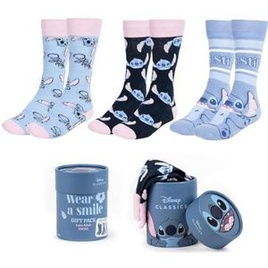 Disney Lilo en Stitch sokken, set van 3 sokken, kousen in mooie geschenkverpakking, lichtblauw, 36-43 EU