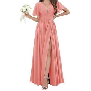 Chiffon bruidsmeisjesjurken voor dames, voor bruiloft, met split, avondgalajurken, cocktailjurken, grote maten, Koraal, 32