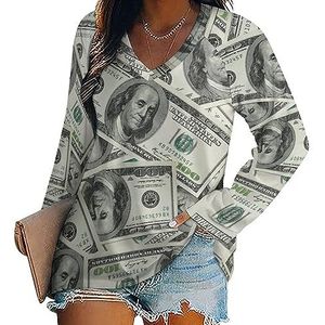 Dollars Bill Print Dames Casual Lange Mouw T-shirts V-hals Gedrukt Grafische Blouses Tee Tops 3XL