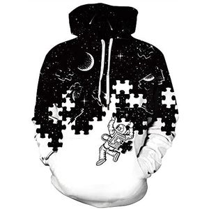 JJCat Heren lange mouwen 3D-print zwarte puzzel en wit patchwork losse pasvorm paar pullover hoodies sweatshirts, Meerkleurig, 3XL