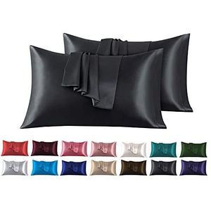 Set van 2 Satijn kussenslopen 50 x 80 cm, Zacht en Zijdig Bed Kussen Kussen Kussen Zwart, Envelop Sluiting, Anti-mijt en Hypoallergeen, Haar en Huid Bescherming tegen rimpels