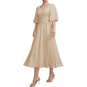 HPPEE Damesjurk voor dames, lange jurk voor moeder van de bruid met kant, applicatie, pofmouwen, chiffon, formele avondjurk, Champagne, 32