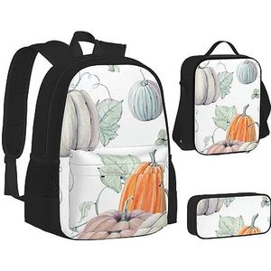 BTCOWZRV 3 Pack Canvas Herfst Aquarel Pompoenen Rugzak, Schouder Reistas voor Vrouwen Mannen, met Lunch Box Potlood Case