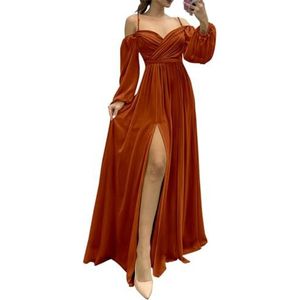 Off-shoulder bruidsmeisjesjurken lange mouwen spaghettibandjes Empire taille met split formele bruiloft gast jurk, Verbrand Oranje, 54